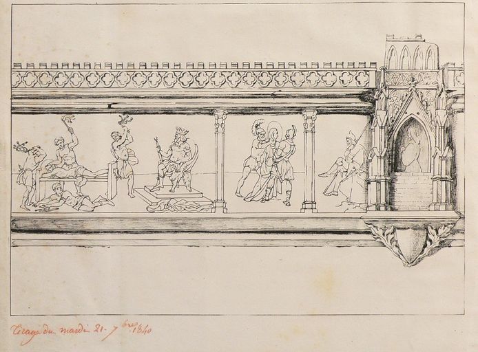 Suite des quinze reliefs (détruits) de la clôture de choeur : Apostolat et martyre de saint Quentin, invention et culte de ses reliques (première série)