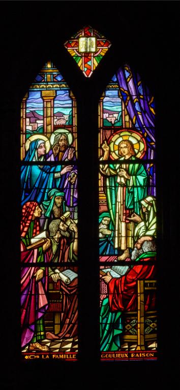 Ensemble de cinq verrières historiées de la chapelle Notre-Dame-de-Pitié : scènes des sept douleurs de la Vierge