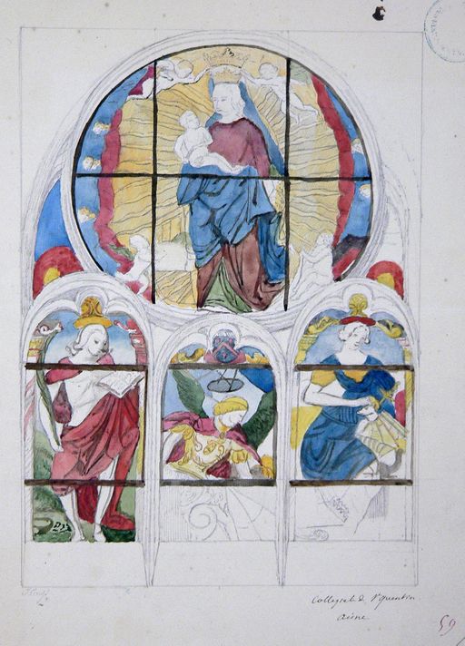 Verrière à personnages : saint Quentin, saint Michel, saint Jean-Baptiste, l'Immaculée Conception (baie 100)