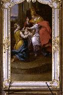 Tableau du retable du maître-autel et son cadre : Saint Aubin bénit un enfant