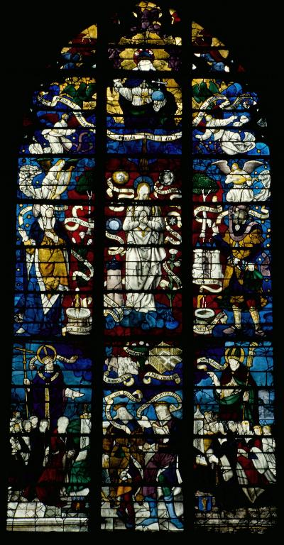 Verrière figurée (verrière mariale) : la Vierge des litanies, sainte Anne, saint Joachim, David, Salomon, les donateurs et leurs saints patrons (baie 13)