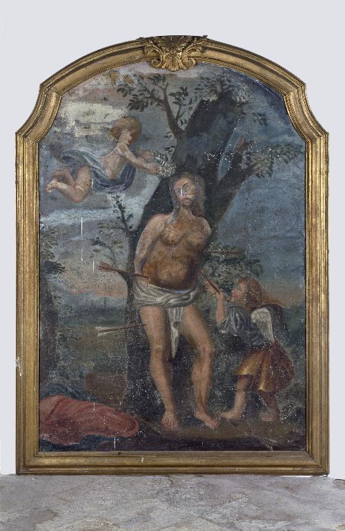 Paire de tableaux d'autel avec leur cadre : Saint Sébastien secouru par un ange, La remise du rosaire à saint Dominique de Guzman et sainte Catherine de Sienne (retables des chapelles de Saint-Sébastien et du Rosaire)