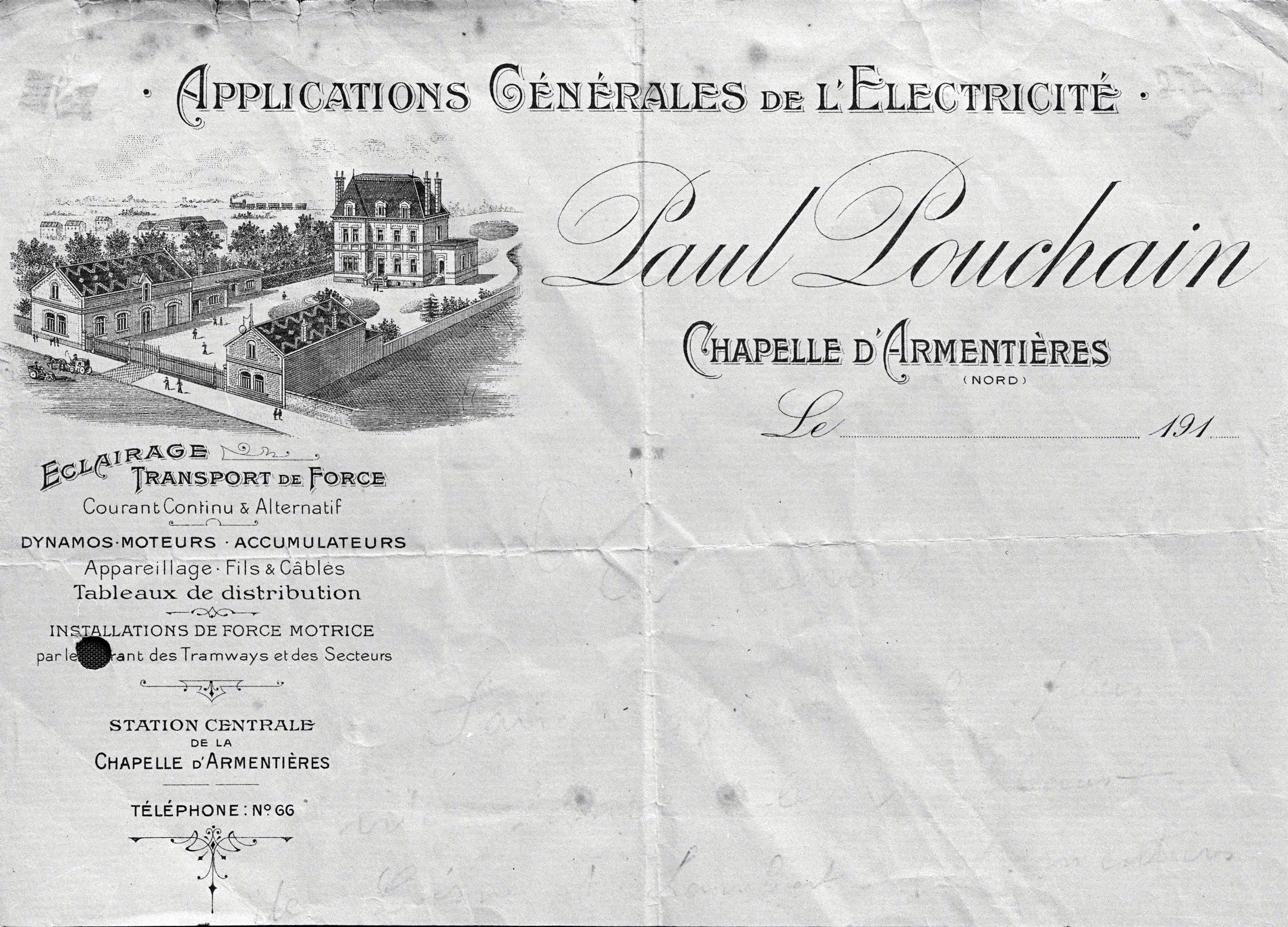 Usine de matériel électrique industriel et de construction électrique Paul Pouchain, puis Société des Anciens établissements Paul Pouchain Applications Générales de l’Électricité (AEP), puis Pouchain SA
