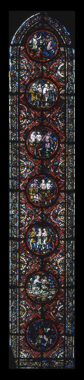 Verrière légendaire (vitrail archéologique, verrière hagiographique) : scènes de l'histoire de saint Crépin et saint Crépinien (baie 8)
