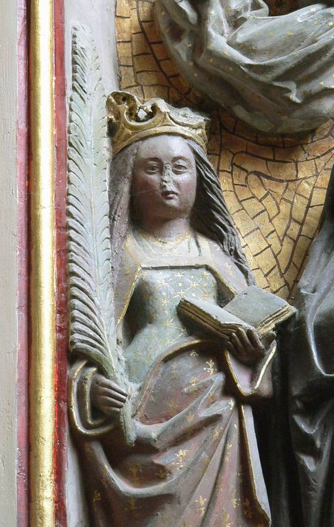 Elément de retable (haut-relief) : Calvaire avec sainte Madeleine, saint Nicolas (?) et sainte Catherine (?)