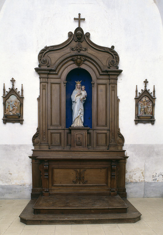 Ensemble de l'autel secondaire de la Vierge (autel, tabernacle, retable architecturé à niche)