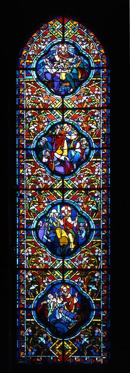 Ensemble de 21 verrières figurées : Vie de la Vierge, Vie du Christ, Baptême, Vie de saint Remi, saints de l'église de Braine, Christ en majesté, Vierge en majesté (baies 1 à 14, 100 à 104, 117 et 118)