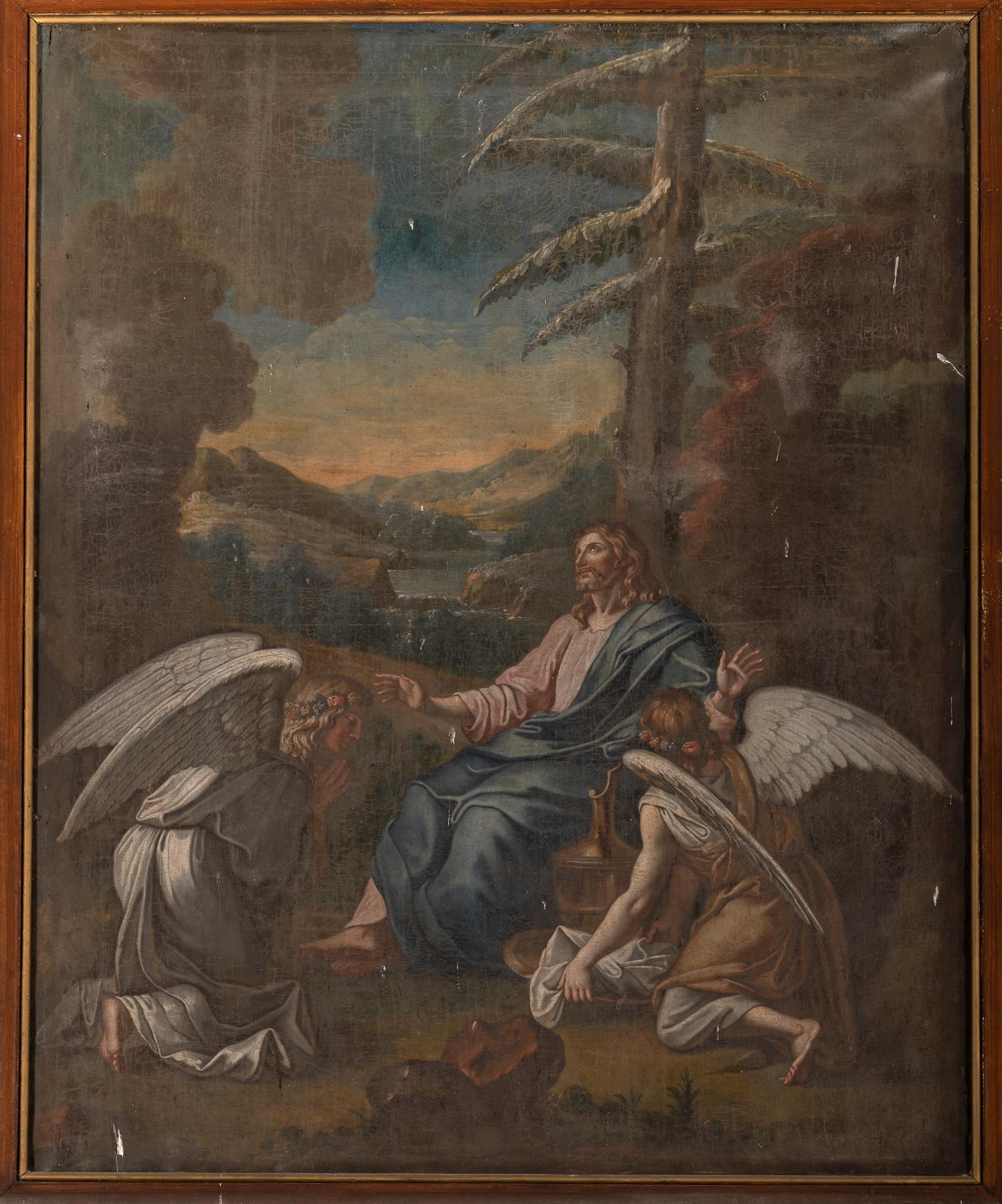 Tableau du maître-autel et son cadre : Le Christ au désert servi par les anges