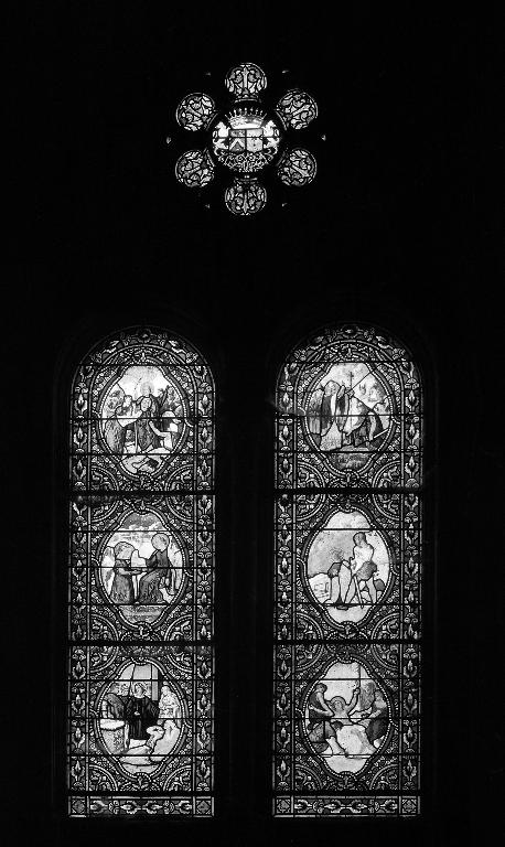 Ensemble de deux verrières : Scènes de la vie du Christ et de la vie de saint Laurent, saint Léon et sainte Cécile (baies 5 et 6)