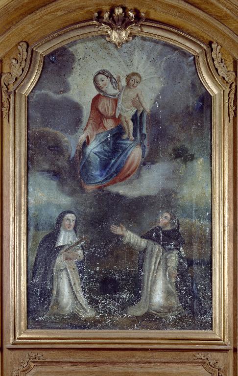 Paire de tableaux d'autel avec leur cadre : Saint Sébastien secouru par un ange, La remise du rosaire à saint Dominique de Guzman et sainte Catherine de Sienne (retables des chapelles de Saint-Sébastien et du Rosaire)