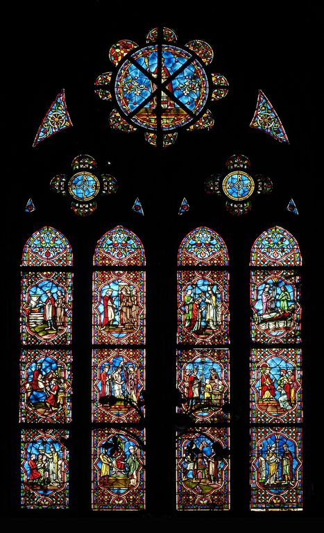 Ensemble de deux verrières figurées de la chapelle du Sacré-Coeur (baies 9 et 11) : vie de saint Remi
