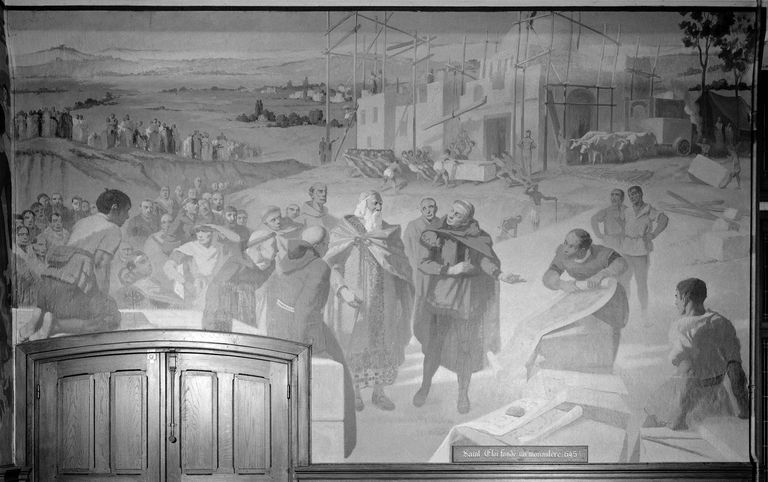 Suite de sept tableaux : Noviomagus, saint Médard, saint Eloi, Childéric II, Charlemagne, Hugues Capet, évêque Baudry
