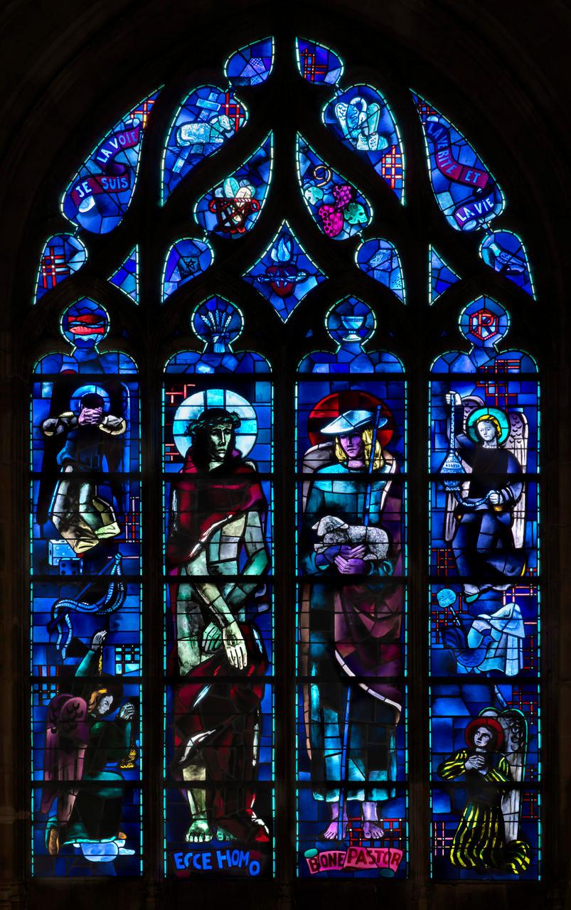 Verrière figurée : Ecce Homo, Bon Pasteur (baie 0)