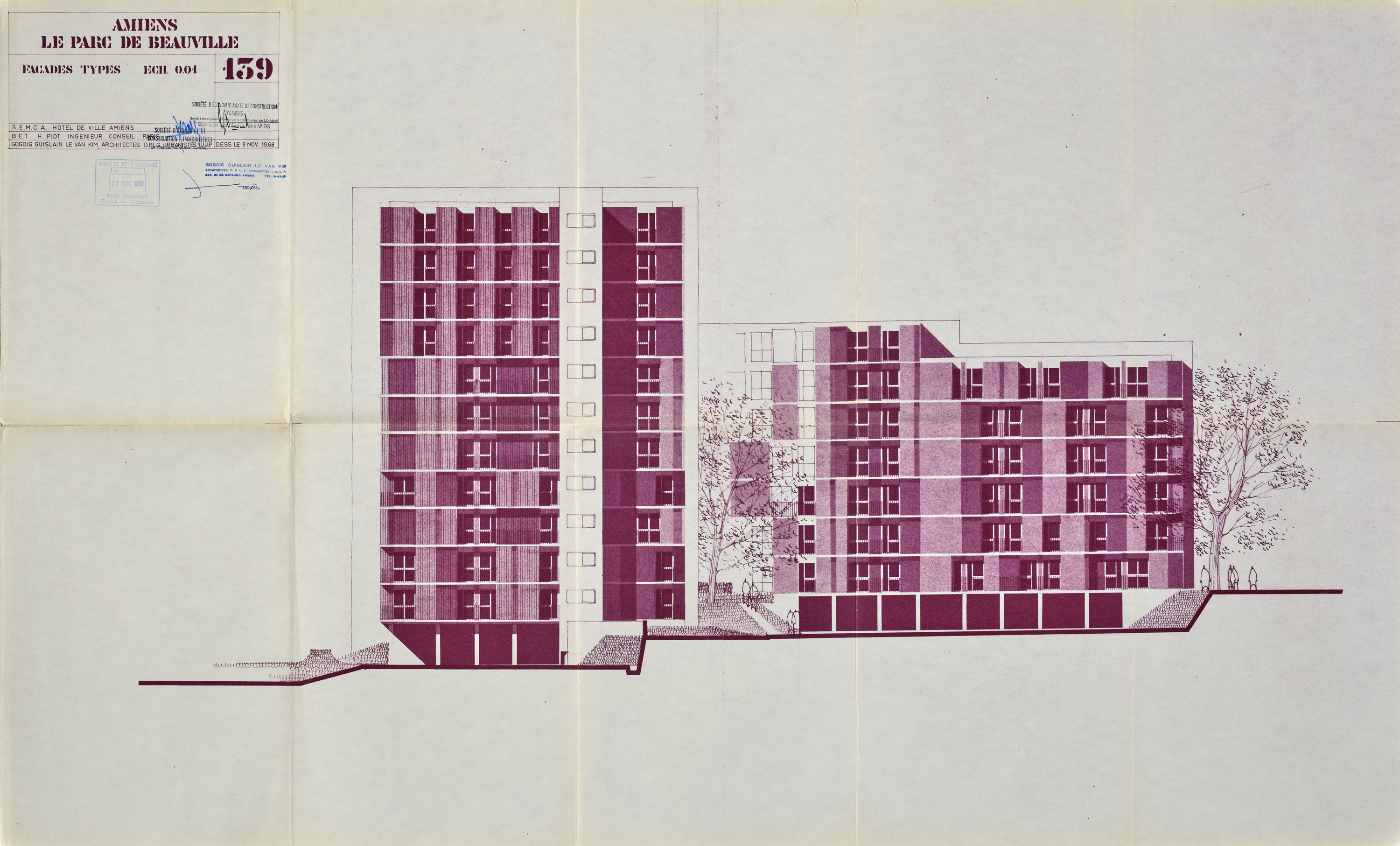 Élévations des façades, GGK, 9 novembre 1968 (AM Amiens ; 3 O 4/1159).