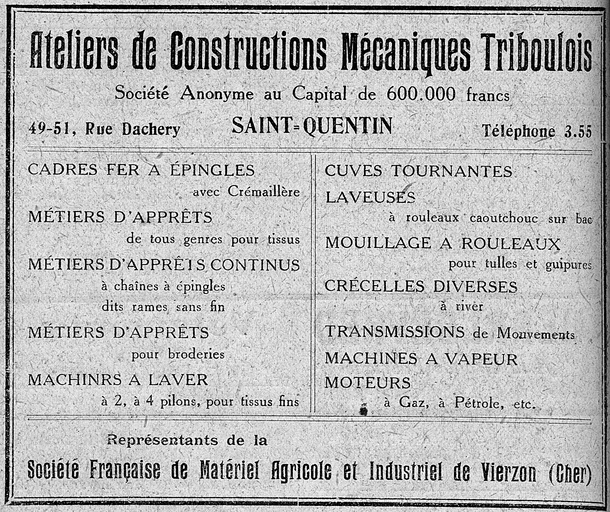 Usine de construction mécanique Deverly et Boubiéla, puis Watigny et Triboulois, Ateliers de Constructions Mécaniques Triboulois