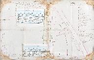 Plan de distribution générale légendé du rez-de-chaussée, avec l'élévation de deux des bâtiments dessinée sur retombes, indiquant le plan-masse des maisns attenant à l'hôpital général avec la liste des noms de propriétaire des dites maisons, dressé par le géomètre-arpenteur Chipart, 17 mai 1756 : les retombes sont dépliées pour rendre le dessin des élévations visible (Archives de la Société académique des antiquaires de Morinie ; MC2, carton C).
