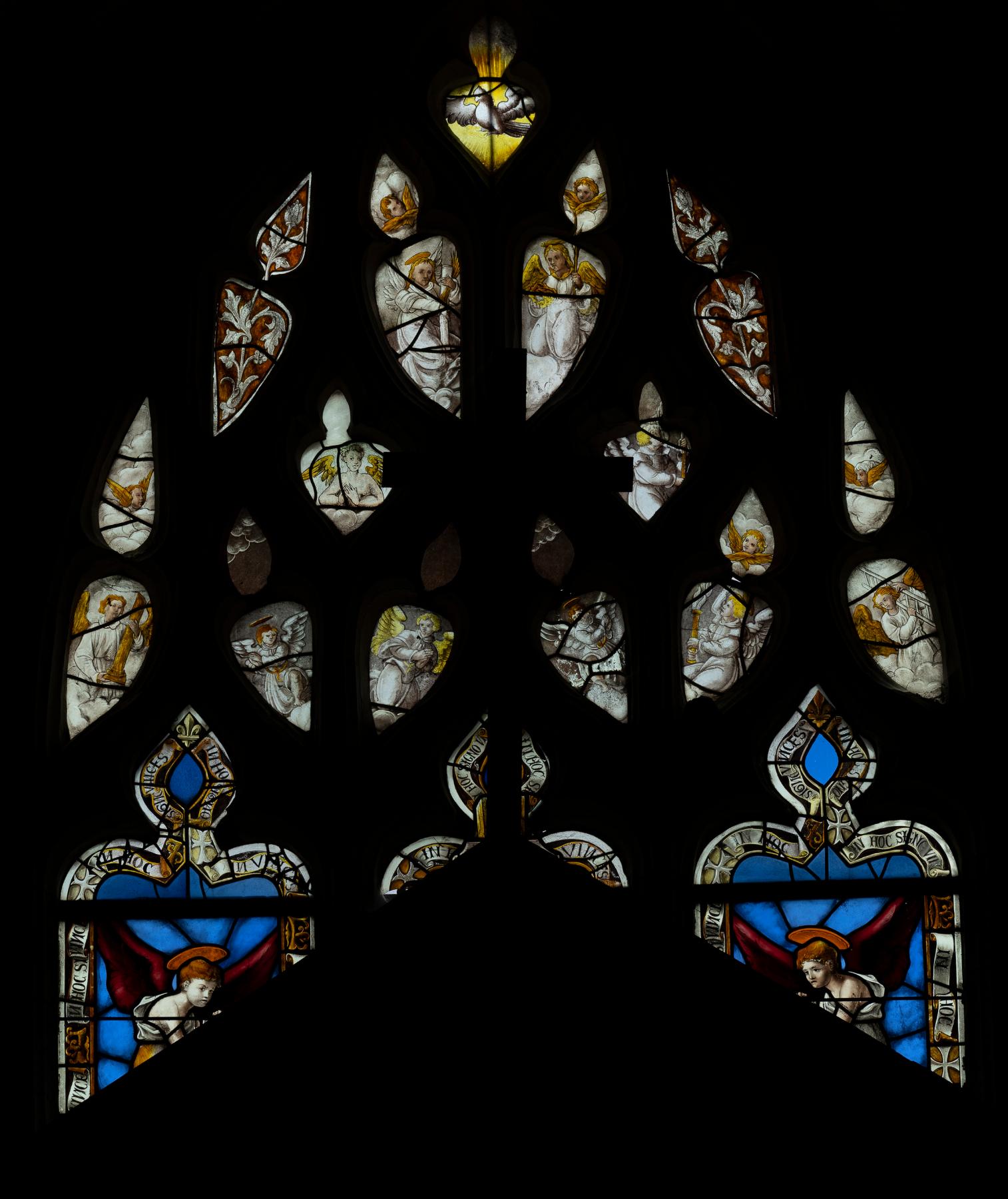 Ensemble de trois verrières figurées décoratives (vitrail tableau) : scènes de l'histoire de saint Léger