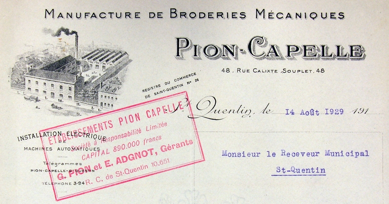 Ancienne broderie mécanique Pion-Capelle, puis des Etablissements Paul Lescroart, puis de la Société Georges Culot et Cie et Everwear Candlewick, puis confection Manutex