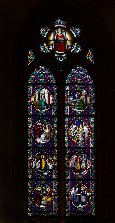 Ensemble de 3 verrières : Scènes de la vie du Christ, de saint Léon, de saint Charles et de saint Gilles (baies 0 à 2)