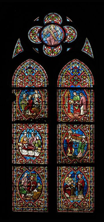Ensemble de sept verrières figurées du sanctuaire (baies 0 à 6) : Episodes de la vie de saint Remi. Les Vertus théologales et cardinales