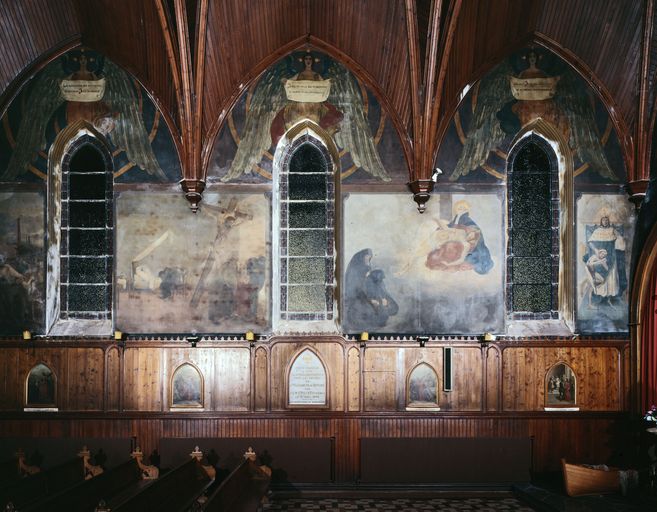 Peintures marouflées représentant Les misères de l'humanité, Les Vertus théologales, les dogmes chrétiens et des scènes de la vie de saints soignant des malades