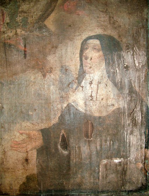 Tableau d'autel et son cadre : Vierge à l'Enfant avec saint Benoît et sainte Scholastique