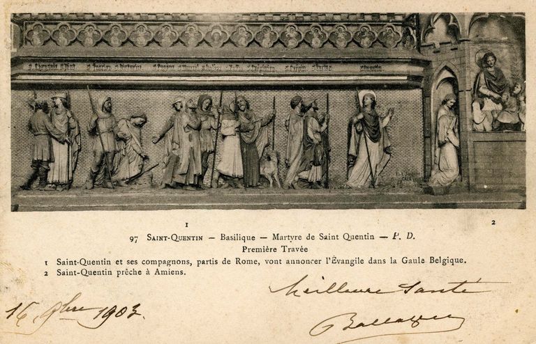 Suite des onze reliefs, de style néogothique, de la clôture de choeur : Apostolat et martyre de saint Quentin, invention et culte de ses reliques (seconde série)