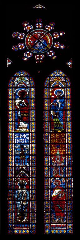 Verrière à personnages : saint Rieul, saint Marcel, saint Piat, saint Eugène (baie 202)