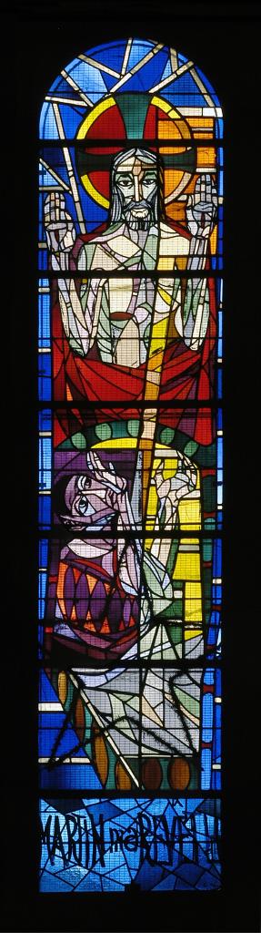Ensemble de trois verrières figurées : scènes de la vie de saint Martin
