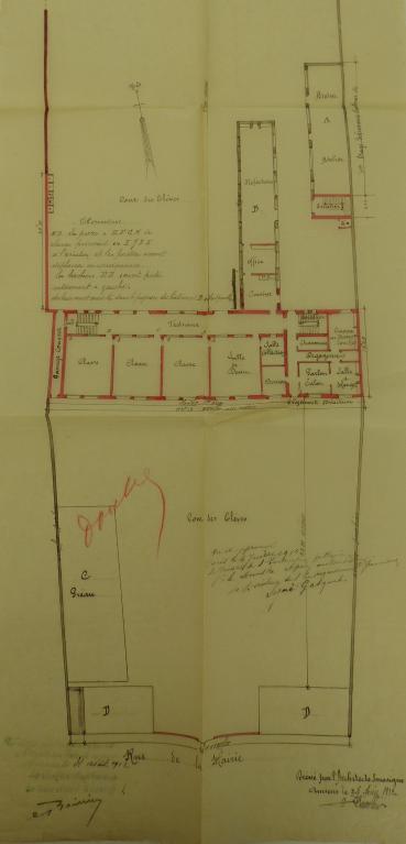 Nouveau projet de reconstruction de l'école. A. Cuvillier architecte, 29 juin 1912 (AD somme ; 99O 3737).