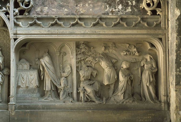 Retable de l'ancienne chapelle saint-Denis : scènes du martyre des saints Denis, Rustique et Eleuthère
