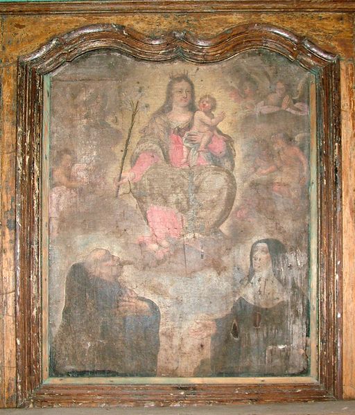 Tableau d'autel et son cadre : Vierge à l'Enfant avec saint Benoît et sainte Scholastique