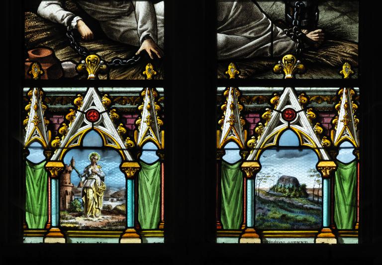 Ensemble de sept verrières figurées du chœur : scènes de la vie de saint Quentin et de saint Jean-Baptiste (baies 0 à 6)