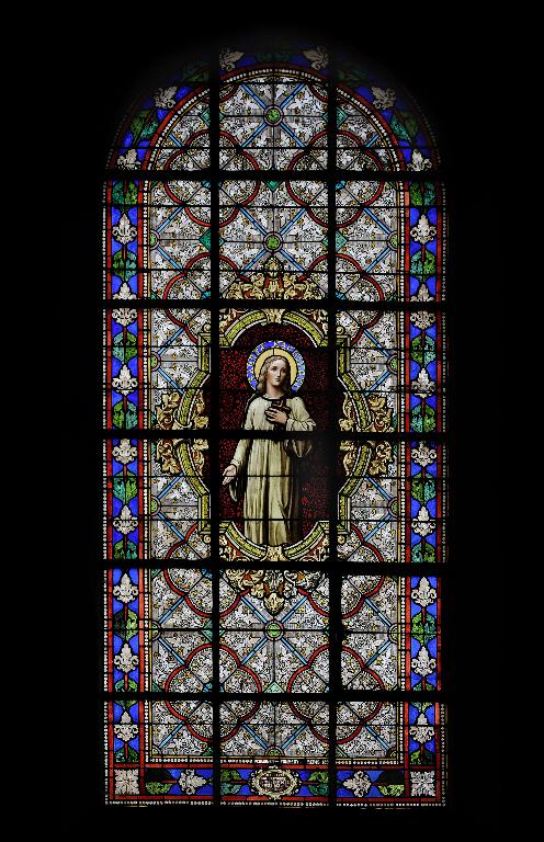 Ensemble de dix verrières figurées décoratives et quatre grisailles décoratives : Présentation de Marie au Temple, Présentation de Jésus au Temple, Saints (baies 1 à 14)