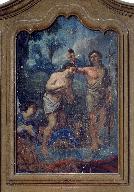 Tableau du retable des fonts baptismaux et son cadre : Le Baptême du Christ