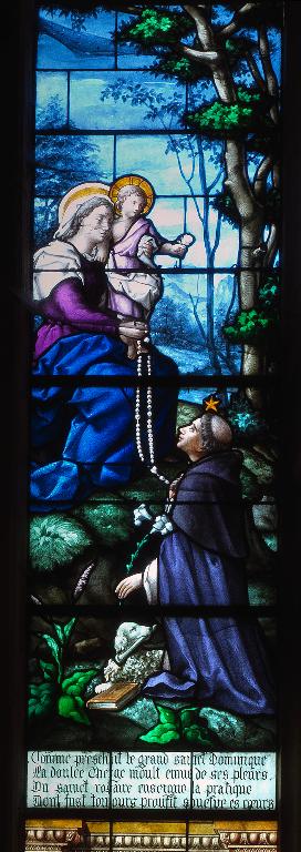 Verrière figurée (verrière mariale) : la Remise du rosaire à saint Dominique, la Vierge des litanies et les Noces de Cana (baie 1)