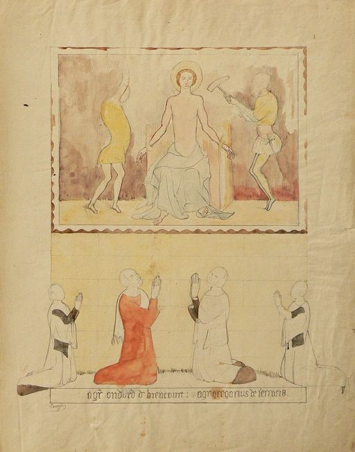 Ensemble de deux peintures monumentales (décor intérieur) : scènes du martyre de saint Quentin (?), les chanoines Oudard de Hiencourt (?) et Grégoire de Ferrière en prière