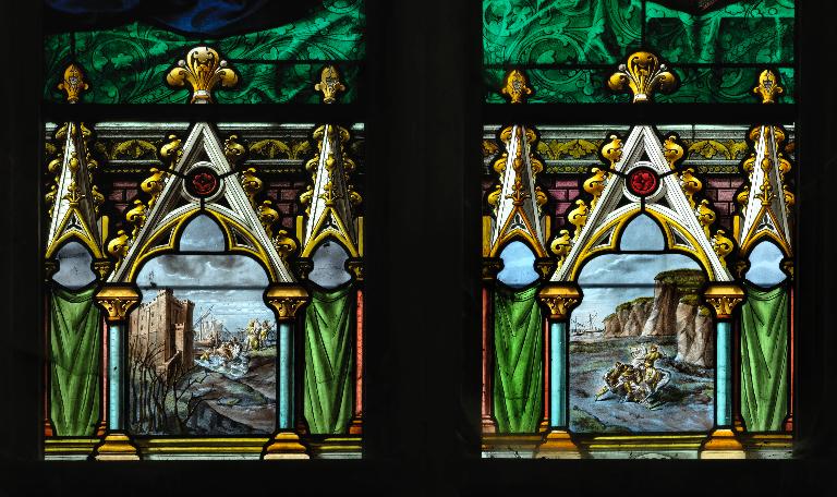 Ensemble de sept verrières figurées du chœur : scènes de la vie de saint Quentin et de saint Jean-Baptiste (baies 0 à 6)
