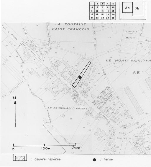 Carte d'enregistrement du repérage des fermes : faubourgs. Extrait du P.C.N. 1974, Noyon-Pont-l'Evêque, coupure 3a, 1/2000e.