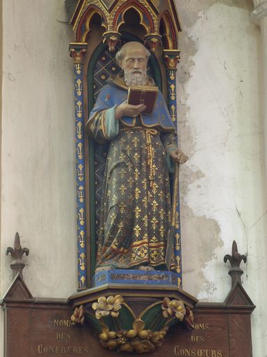 Tableaux de confrérie, statues de saint Fiacre et saint Corneille, dais d'architecture, deux consoles