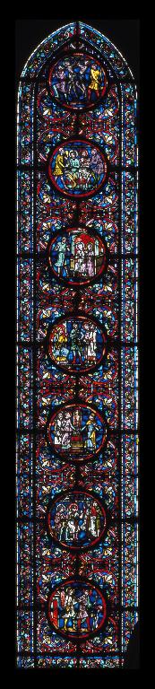 Verrière légendaire (vitrail archéologique, verrière hagiographique) : scènes de l'histoire de saint Crépin et saint Crépinien (baie 4)