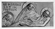 Fargniers. Église paroissiale. Bas-relief du maître-autel. La mise au tombeau. G. Dufrasne, sculpteur. Photographie, vers 1930 (Archives diocésaines de Soissons).