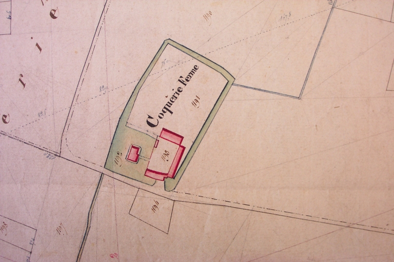 Situation du site de la Coquerie (château et cense) sur cadastre de 1818 (AD Nord : P31/153).