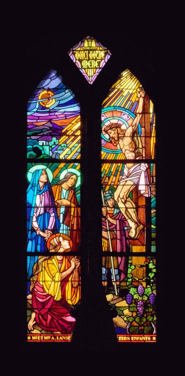 Ensemble de cinq verrières historiées de la chapelle Notre-Dame-de-Pitié : scènes des sept douleurs de la Vierge