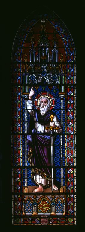 Ensemble de trois verrières à personnages : Christ du Sacré Coeur, Saint Paul, Immaculée Conception (baie 1 à 3)
