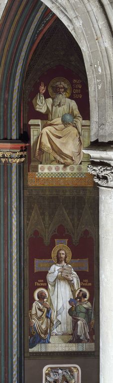Peinture monumentale (décor intérieur) : saint Pierre et saint Paul aux pieds du Christ glorieux, Dieu le Père