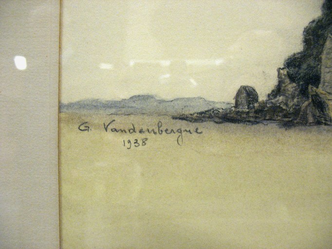 Ensemble de deux tableaux : Paysage avec toits rouges, Vue du marais audomarois ; deux dessins : Vue du Mont Michel, Portrait de Gustave Vandenbergue ; éléments d'impression (plaques de cuivre, bois gravés) : Le Lever de Fanchon