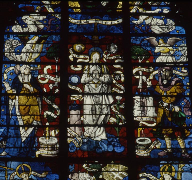 Verrière figurée (verrière mariale) : la Vierge des litanies, sainte Anne, saint Joachim, David, Salomon, les donateurs et leurs saints patrons (baie 13)