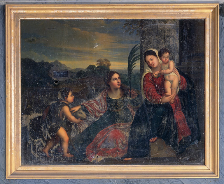 Tableau de l'autel secondaire de la Vierge : Vierge à l'Enfant avec sainte Agnès et saint Jean-Baptiste