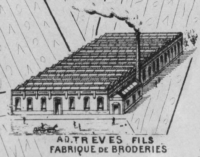 Ancienne broderie mécanique et tissage de coton Adolphe Trèves fils, Tissage Albris, usine de produit textile non tissé Trémois